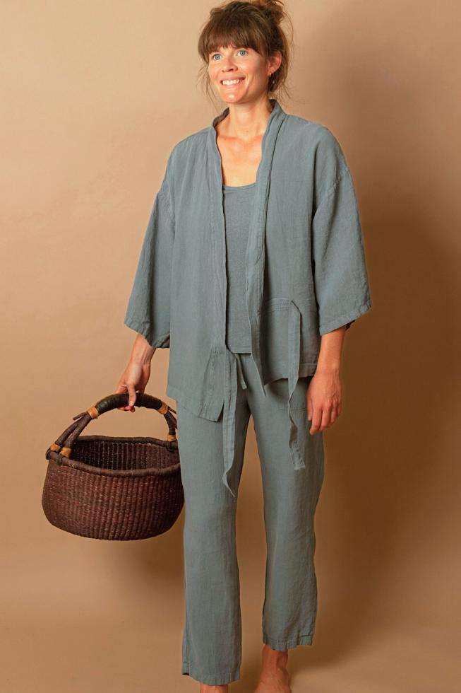 Veste kimono en chanvre pur Thé bleu - Couleur Chanvre